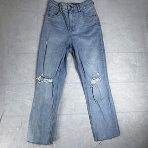 Express Womens Curvy Mom Jeans Blue Denim Super High Rise Distressed Raw‎ Hem 2